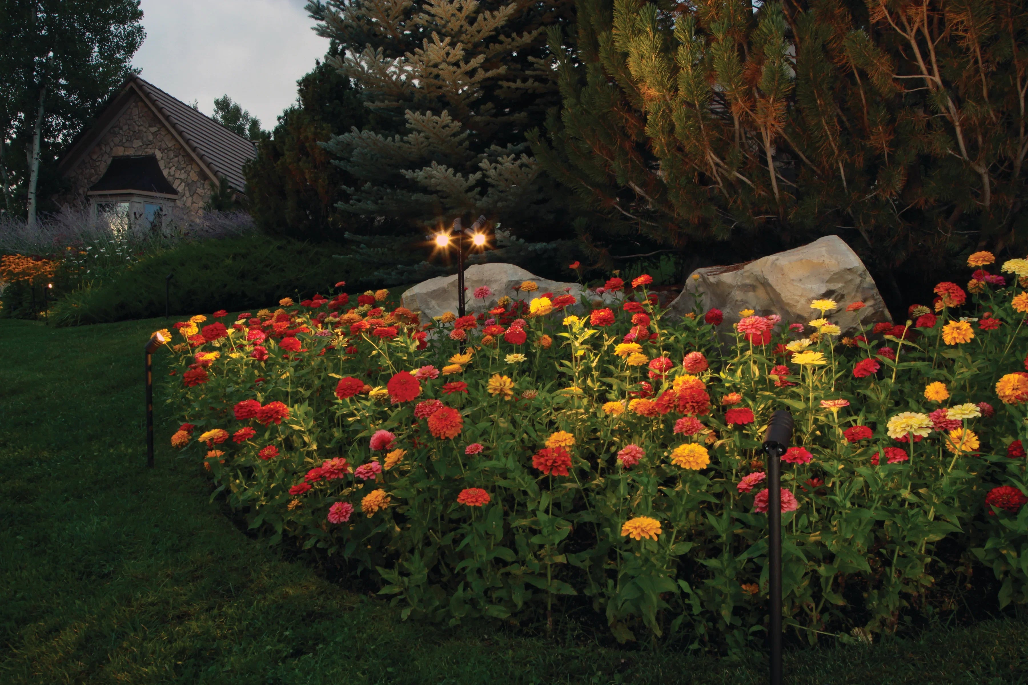 Landscape spot light shining on a bed of flowers in a garden.
