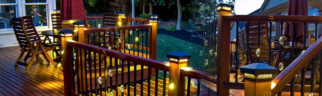 Wood deck featuring LED post cap lights