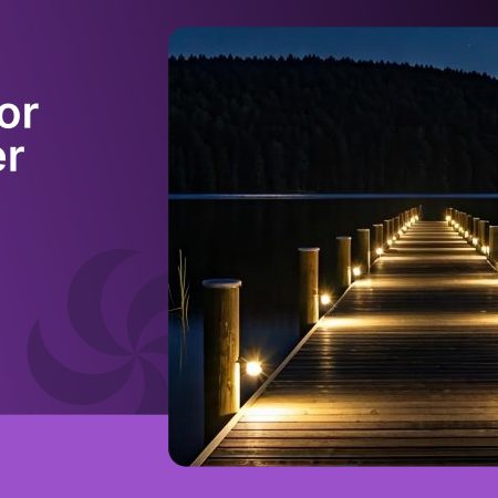 Wooden dock illuminated with warm DEKOR® LED post lights extending over a calm lake at night, with the text “Set the Mood for Summer Nights” on a purple background.