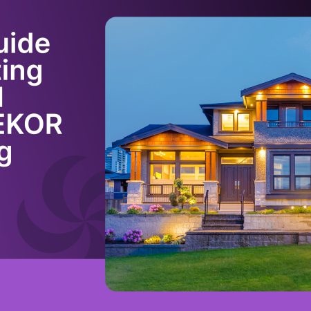 Modern two-story home illuminated with DEKOR® outdoor lighting at dusk, showcasing warm accent lights along the roofline, stairs, and landscaping. Text overlay reads “Your Guide to Getting Started with DEKOR Lighting” on a purple background.